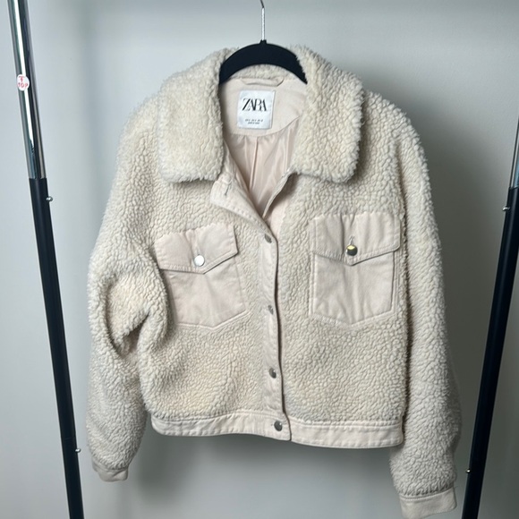 Zara Cream Denim and Sherpa Teddy Shearling Button Up Jacket Size Medium - Picture 1 of 8